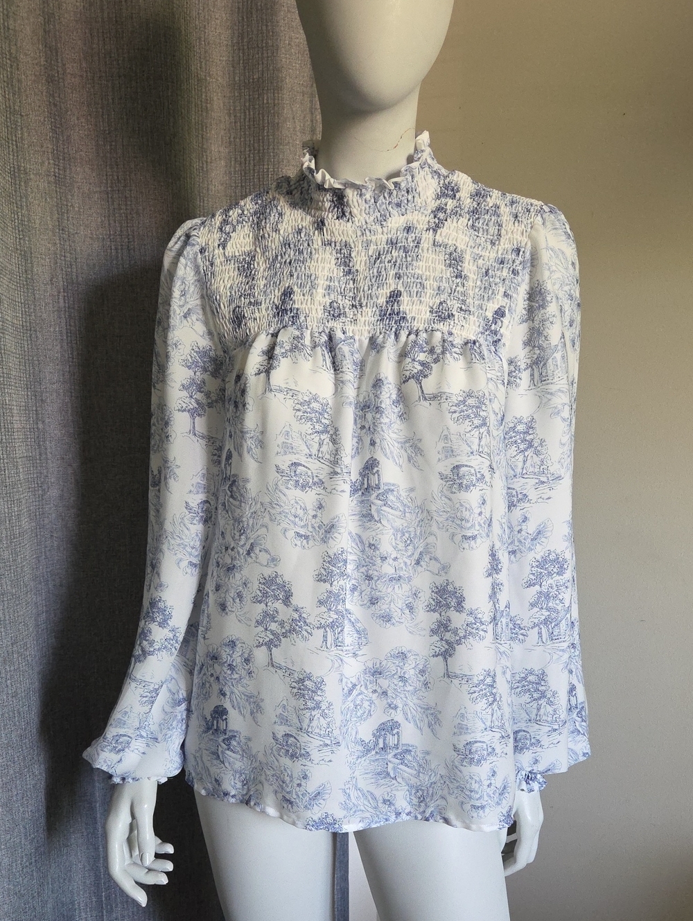 Maison Cinqcent Semi-Sheer White & Blue Patterned Smocked High-Neck Blouse